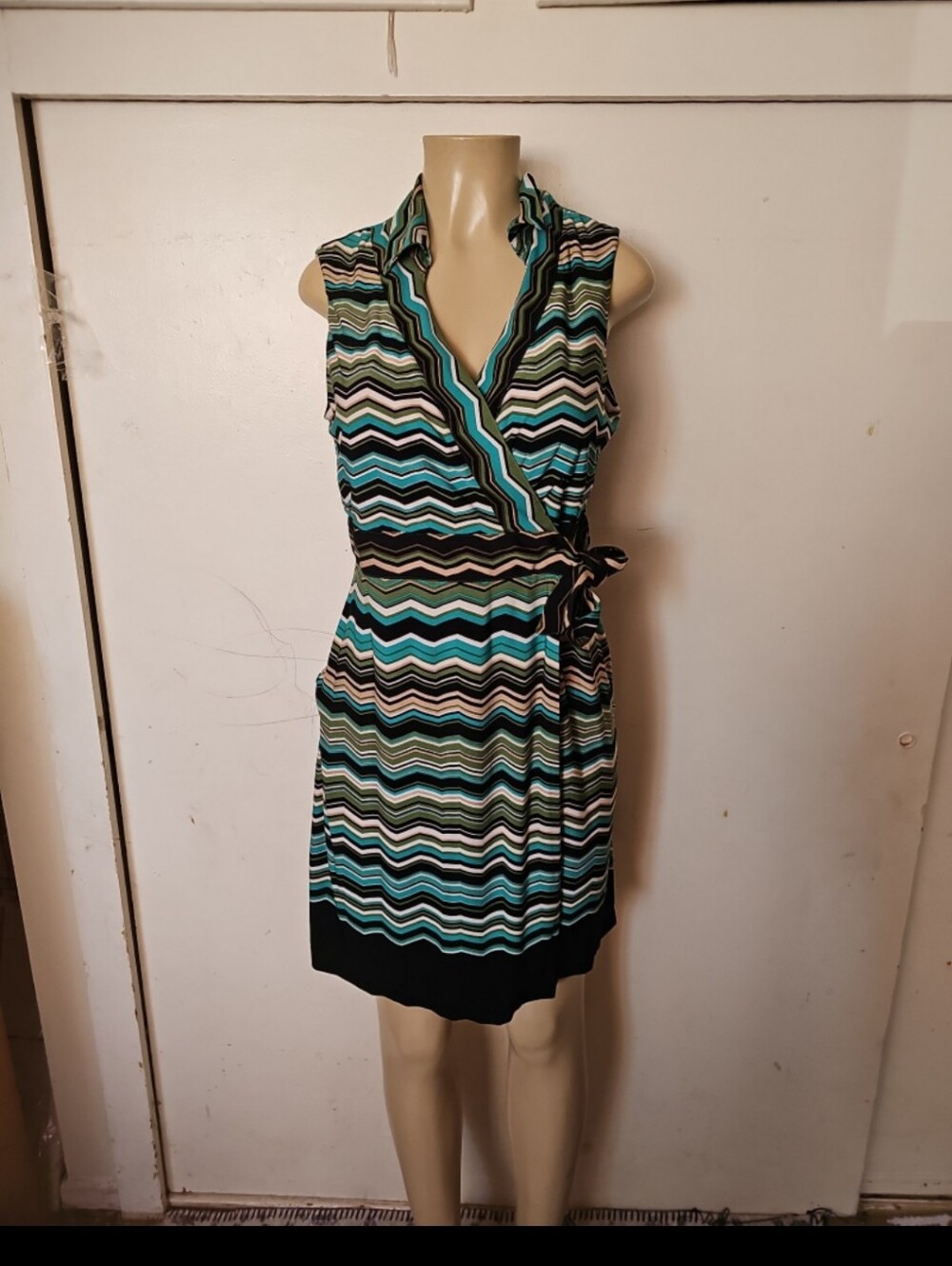 Studio I Chevron Wrap Dress in Teal, Black, Cream and Olive